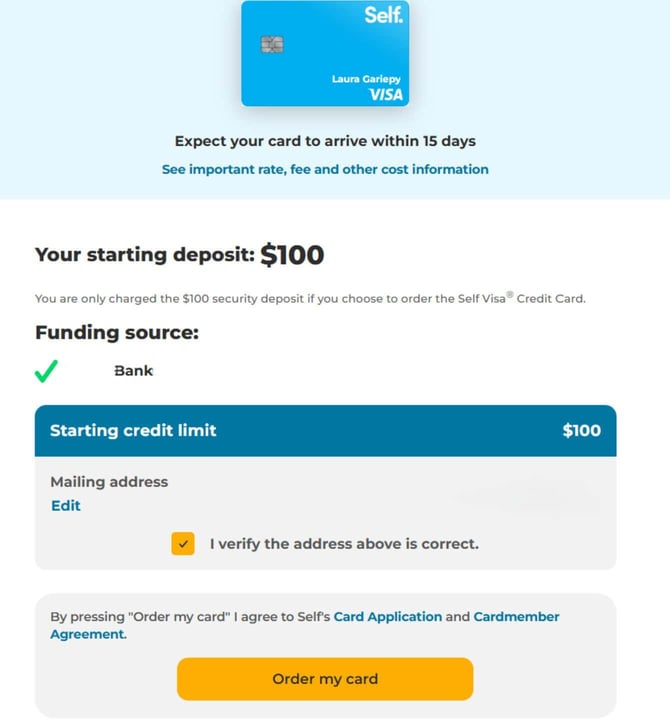 Screenshot of the Secured Self Visa Credit Card application step 13