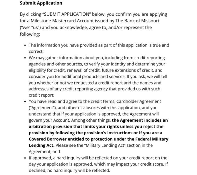 Screenshot of Milestone Mastercard application Step 5a