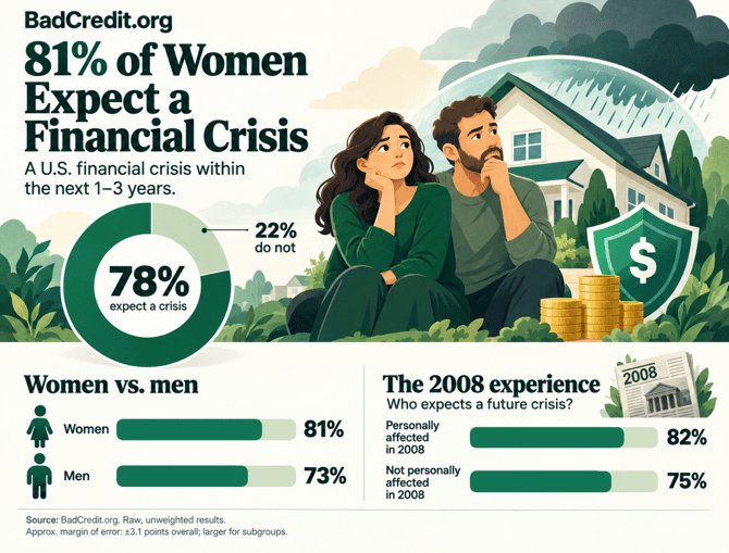 Financial crisis poll results infographic showing statistics related to expectations of an impeding crisis Financial crisis poll results infographic showing statistics related to expectations of an impeding crisis