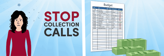 Cartoon collage of a person upset about collection calls and a budget spreadsheet Cartoon collage of a person upset about collection calls and a budget spreadsheet