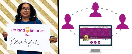 Photo of a woman holding sign and screenshot of CaringBridge platform Photo of a woman holding sign and screenshot of CaringBridge platform