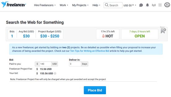 Screenshot of Freelancer.com Job Bid Screenshot of Freelancer.com Job Bid