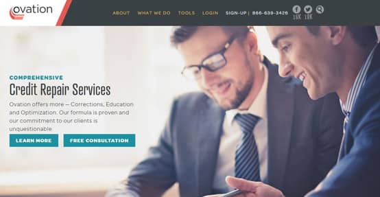 Ovation's homepage show its credit repair services.