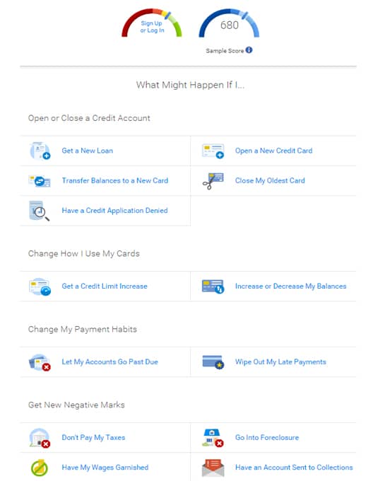 Screenshot of Credit Karma's Credit Score Simulator.