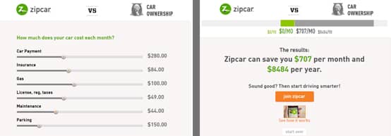 Screenshots of Zipcar comparison chart