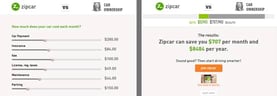 Screenshots of Zipcar comparison chart