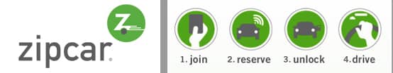 Screenshot of Zipcar logo and process