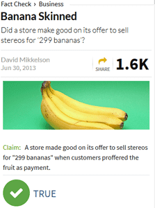 screenshot of snopes article, banana skinned