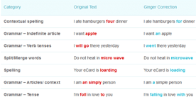 Screenshot of Ginger Page Correction Types