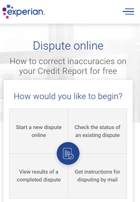 Screenshot of Experian Online Dispute Form