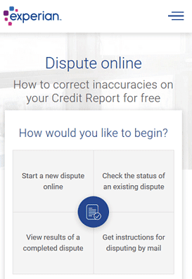 Screenshot of Experian Online DIspute