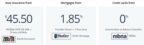 Screenshot of example rates on LowestRates.ca