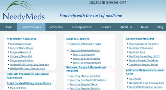 Screenshot of NeedyMeds Prescription Assistance Options Screenshot of NeedyMeds Prescription Assistance Options