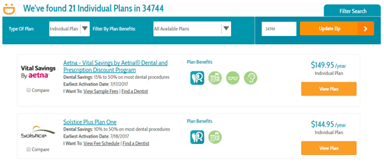 Screenshot of individual plans available on DentalPlans.com Screenshot of individual plans available on DentalPlans.com