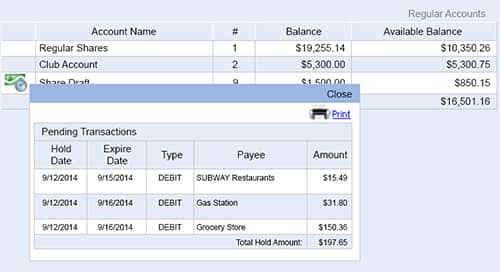 Image of an online account with pending transactions. 