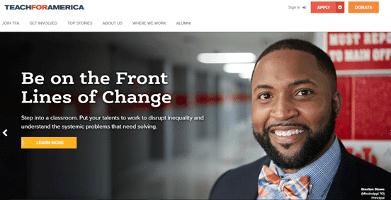 Screenshot of the Teach for America homepage