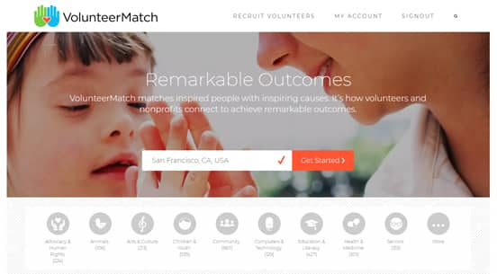 Screenshot of the VolunteerMatch Homepage