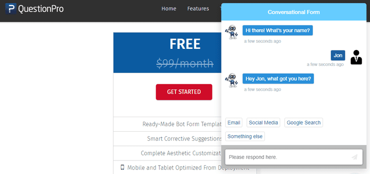 Screenshot of Conversational Forms on QuestionPro website Screenshot of Conversational Forms on QuestionPro website