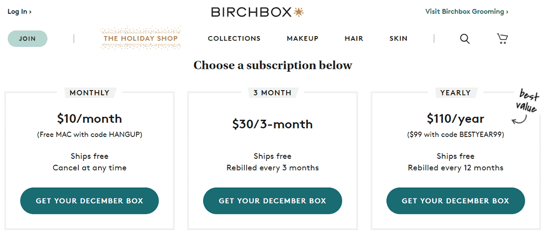 Screenshot of BirchBox Subscription Options Screenshot of BirchBox Subscription Options