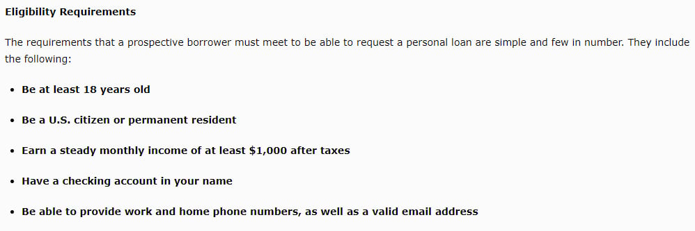 Screenshot of the basic eligibility requirements from the CashUSA.com website Screenshot of the basic eligibility requirements from the CashUSA.com website