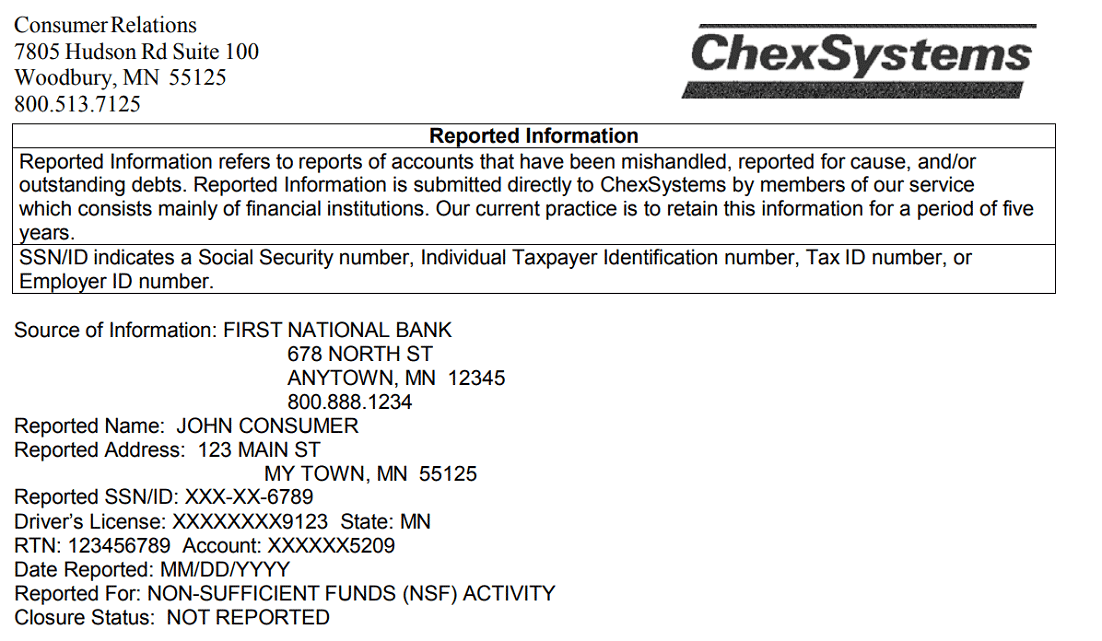Screenshot of Sample ChexSystems Report Screenshot of Sample ChexSystems Report