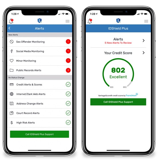 Screenshots of IDShield app Screenshots of IDShield app