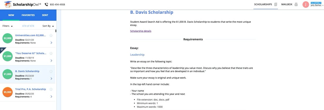 Screenshot of ScholarshipOwl application process Screenshot of ScholarshipOwl application process