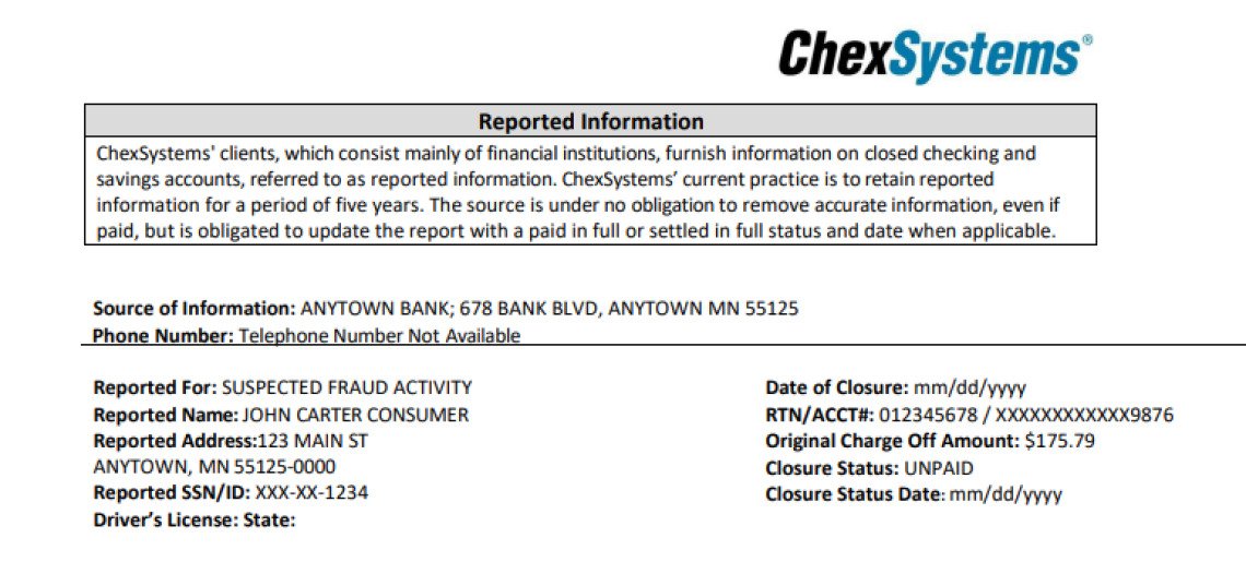 Sample ChexSystems Report