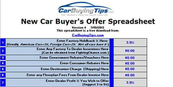 CarBuyingTips Spreadsheet Photo of a spreadsheet