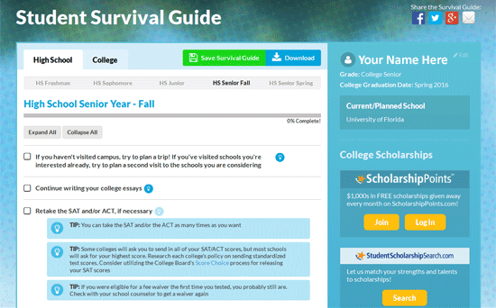 A screenshot from the Edvisors Student Survival Guide