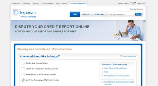 Experian screenshot of dispute page