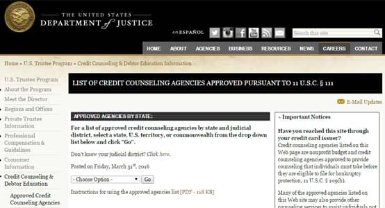 US Justice Department's counseling agency search page