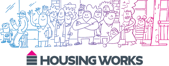 Collage of Housing Works logo and cartoon of people in a neighborhood Collage of Housing Works logo and cartoon of people in a neighborhood