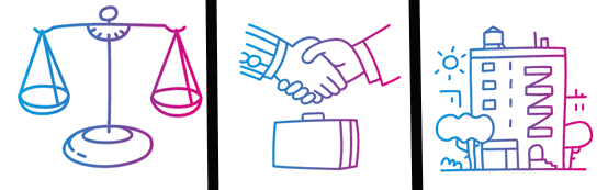 Cartoon depicting a scale, handshake, and apartment building Cartoon depicting a scale, handshake, and apartment building
