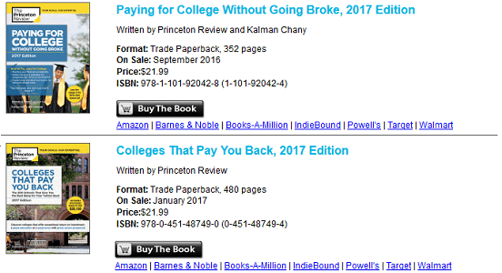 screenshot of princeton review financial aid books