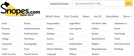 screenshot of snopes categories