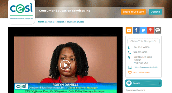 Screenshot from the Consumer Education Services Inc. page on GreatNonprofits Screenshot from the Consumer Education Services Inc. page on GreatNonprofits