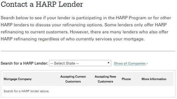 Screenshot of HARP lender search tool Screenshot of HARP lender search tool