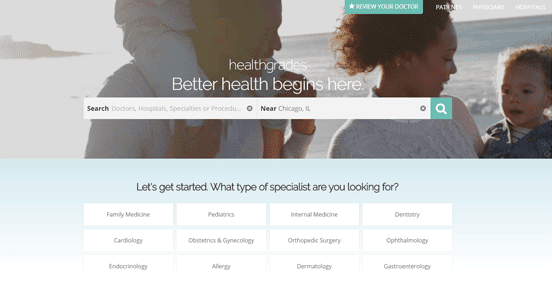 Screenshot of the Healthgrades homepage Screenshot of the Healthgrades homepage