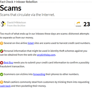 Screenshot of Snopes.com Scams Page