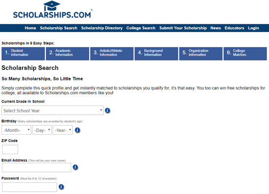 Screenshot of the Scholarship Search on Scholarships.com Screenshot of the Scholarship Search on Scholarships.com