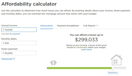 Screenshot of Zillow's Affordability Calculator Screenshot of Zillow's Affordability Calculator